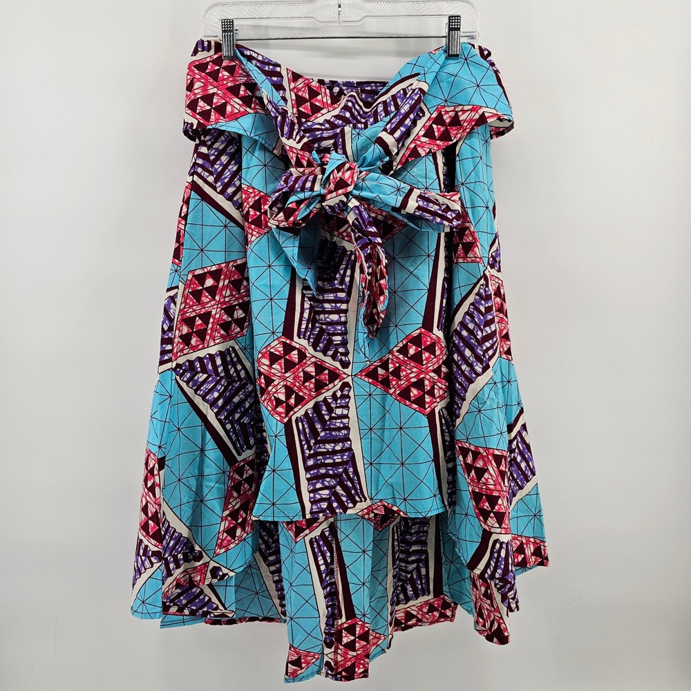 D'IYANU High Low Skirt Women XL Blue Burgundy African Print Cotton Asymmetrical